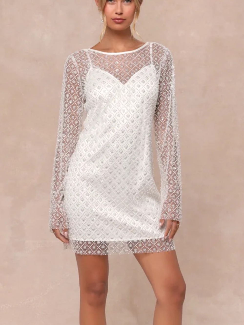 NWT | Lulu’s Sequin/Pearl Mesh Dress over White Slip XL